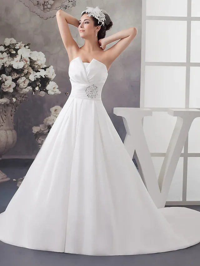 DingjiA-Line Wedding Dresses Strapless Chapel Train Satin Strapless with Ruched Beading Draping