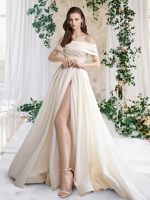 DingjiA-Line Wedding Dresses Off Shoulder Court Train Taffeta Sleeveless Simple Luxurious with Pleats Ruched Split Front