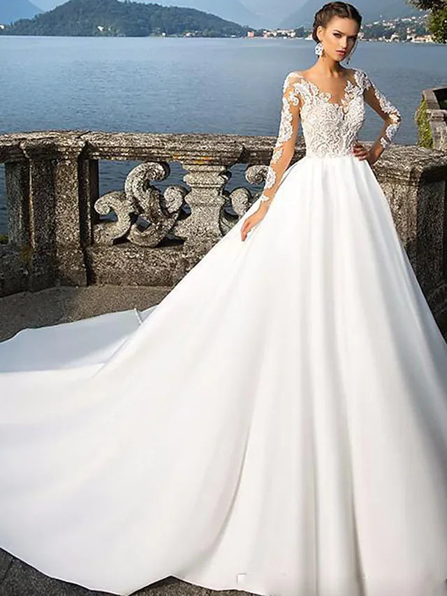 DingjiA-Line Wedding Dresses Jewel Neck Court Train Satin Long Sleeve Sexy Wedding Dress in Color with Appliques