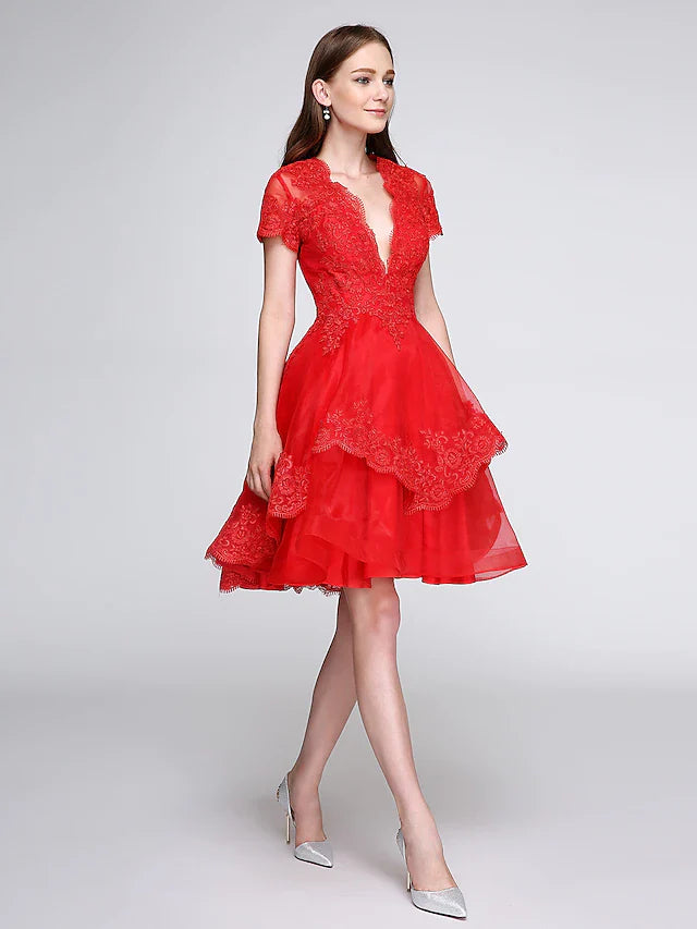 DingjiBall Gown Elegant Cute Cocktail Party Prom Dress Plunging Neck Short Sleeve Knee Length Organza Lace Over Tulle with Buttons Appliques