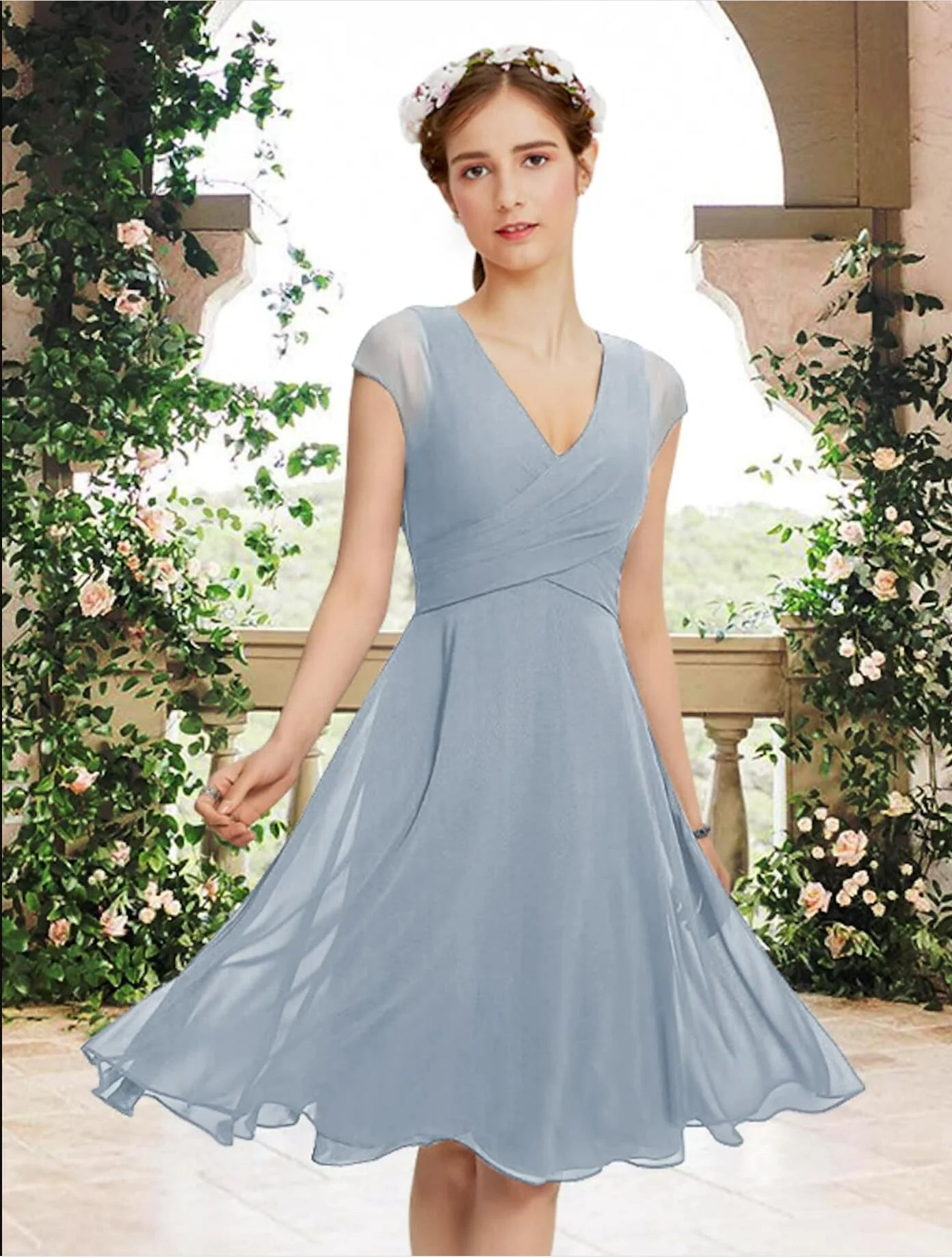 A-Line Bridesmaid Dress V Neck Short Sleeve Elegant Knee Length Chiffon with Pleats Ruching