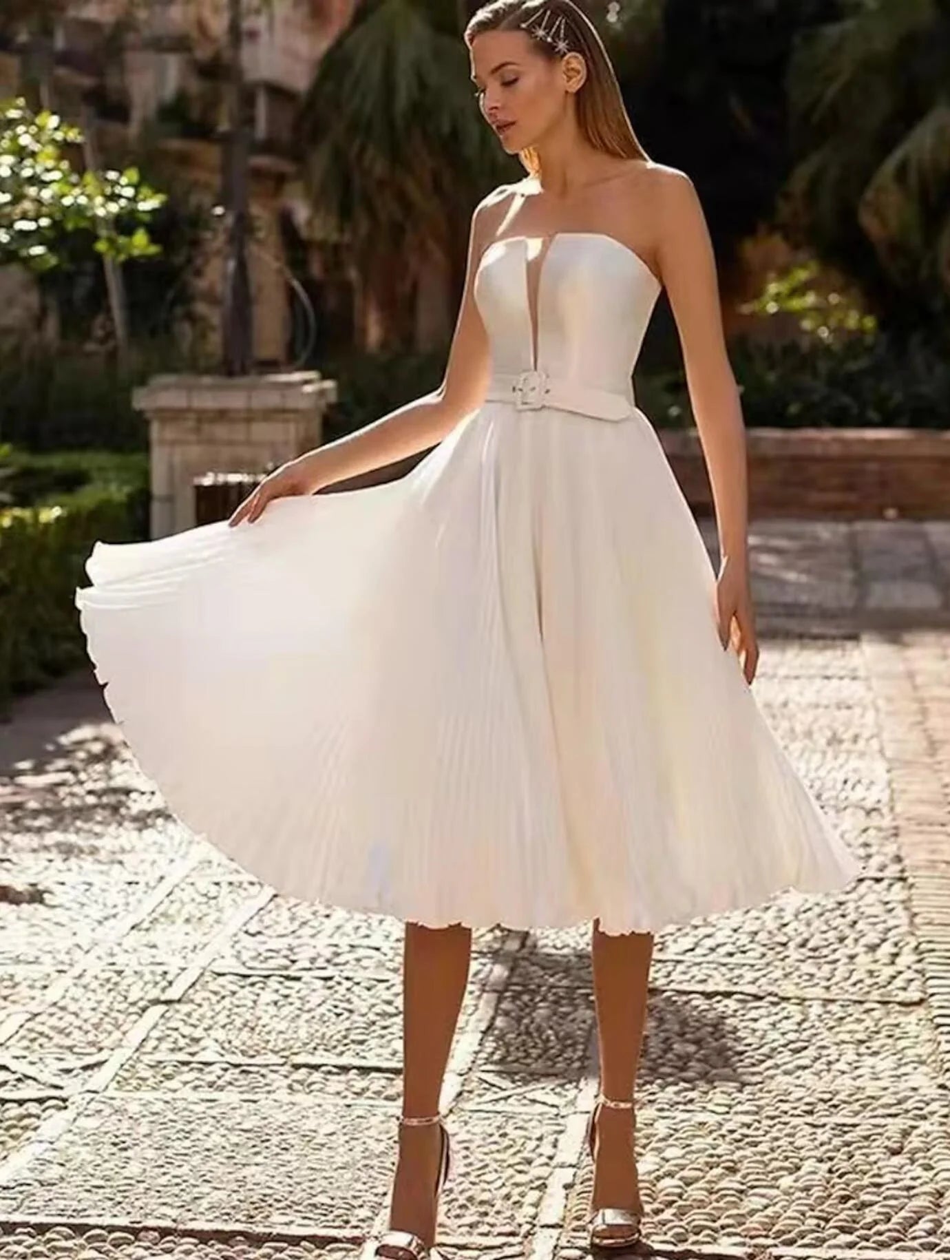 DingjiBridal Shower Little White Dresses Wedding Dresses Tea Length A-Line Sleeveless Strapless Satin With Sash Ribbon