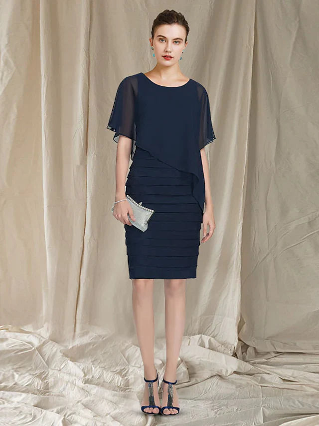 Mother of the Bride Dress Elegant Jewel Neck Knee Length Chiffon Sleeveless with Ruched Ruffles