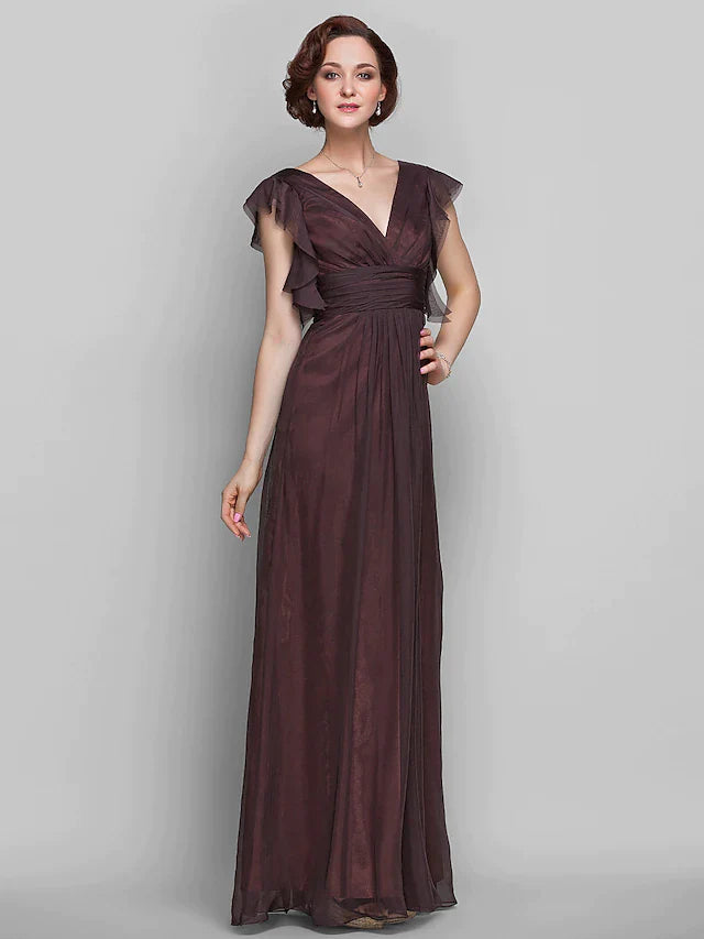 Mother of the Bride Dress Beautiful Back V Neck Floor Length Chiffon Short Sleeve with Criss Cross Ruched Draping