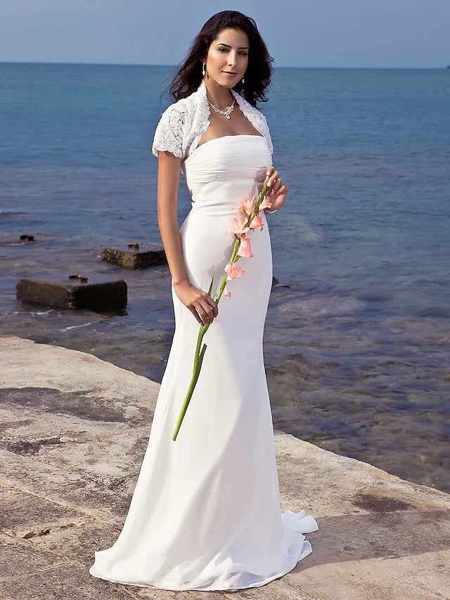 DingjiWedding Dresses Strapless Chiffon Short Sleeve Vintage Separate Bodies with Ruched
