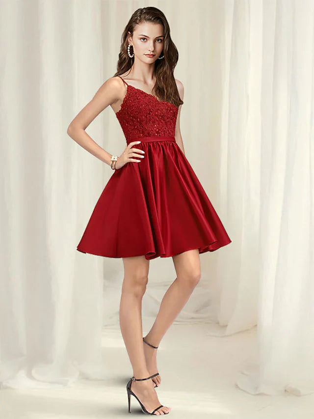 DingjiA-Line Minimalist Sexy Homecoming Party Wear Dress V Neck Spaghetti Strap Sleeveless Short Mini Lace Satin with Pleats