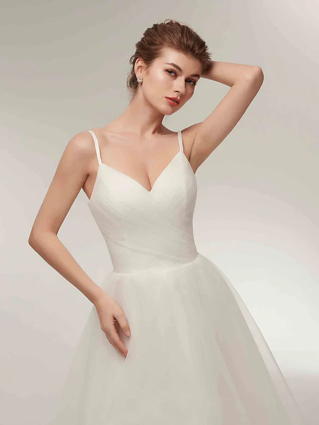 DingjiA-Line Wedding Dresses V Neck Asymmetrical Tulle Spaghetti Strap Simple Casual Little White Dress with Side-Draped