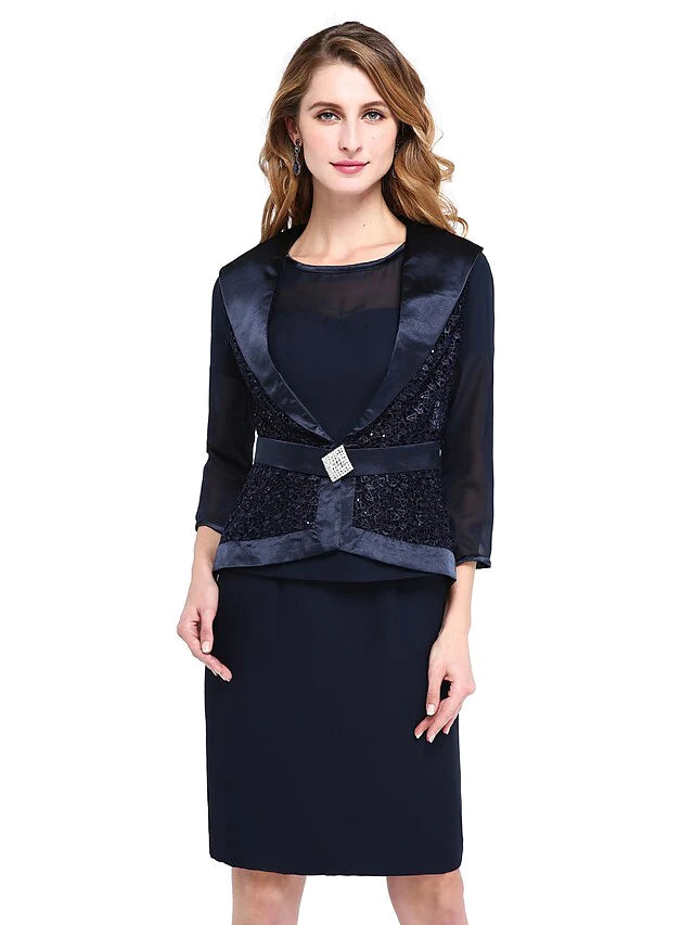 Mother of the Bride Dress Two Piece Wrap Included Jewel Neck Knee Length Chiffon Lace Length Sleeve withCrystal Brooch Sash Ribbon