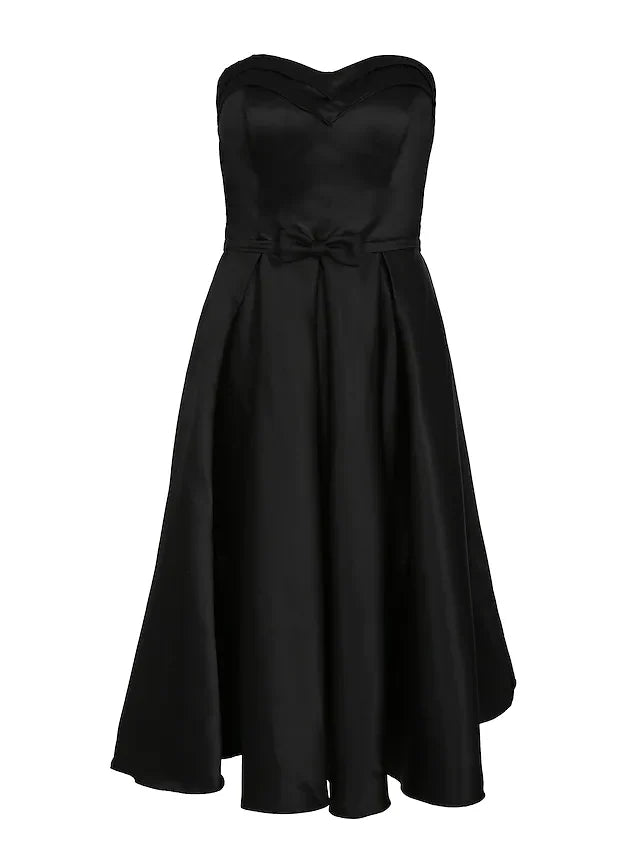DingjiA-Line Minimalist Elegant Engagement Cocktail Party Dress Strapless Sleeveless Knee Length Satin with Bow(s) Pleats