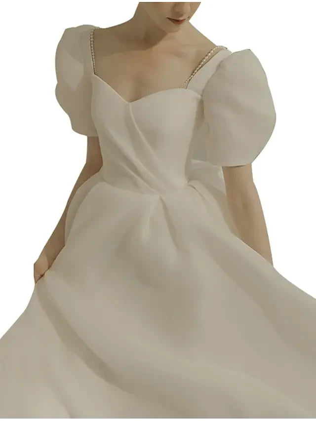 DingjiA-Line Wedding Dresses Scoop Neck Ankle Length Organza Short Sleeve Country Simple Little White Dress with Ruffles