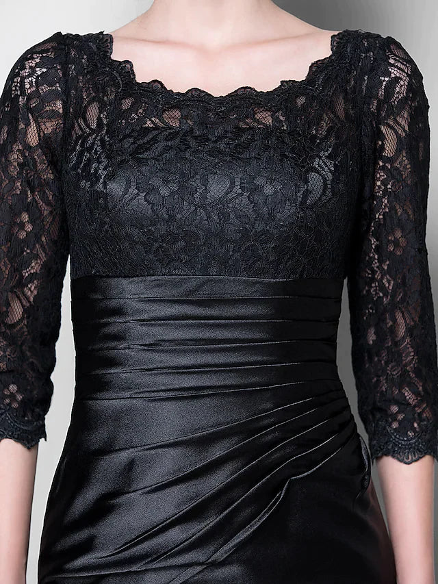 Mother of the Bride Dress See Through Jewel Neck Floor Length Stretch Satin Lace Over Satin Length Sleeve with Lace Ruched Side Draping