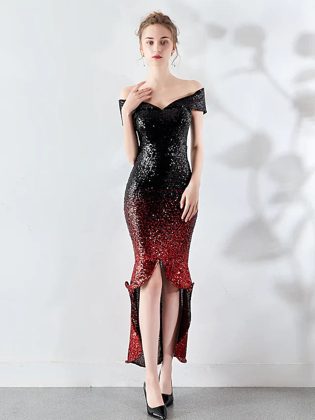 DingjiSexy Wedding Guest Cocktail Party Dress Off Shoulder Sleeveless Asymmetrical Sequined with Sequin