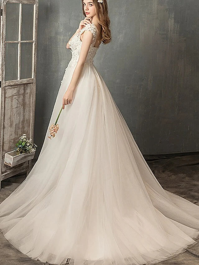 DingjiPrincess A-Line Wedding Dresses Jewel Neck Lace Tulle Cap Sleeve Country Romantic with Pleats Appliques