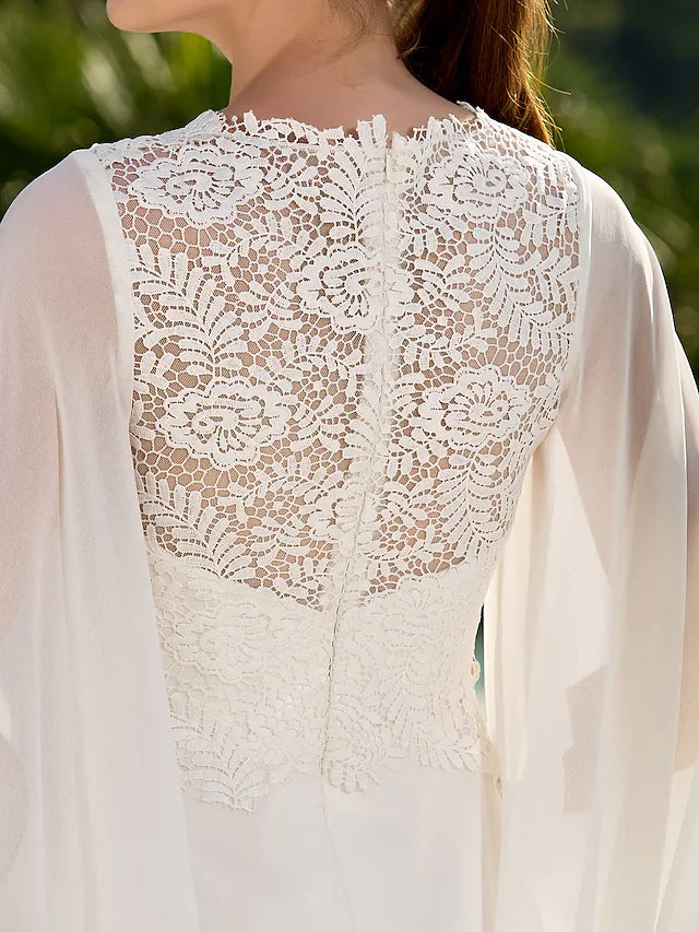 DingjiWedding Dresses Jewel NeckLace Georgette Long Sleeve Beach Illusion Detail Backless with Lace