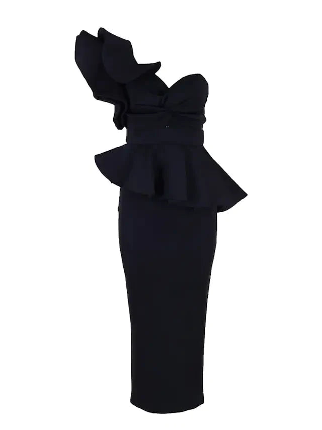 DingjiBeautiful Back Sexy Party Wear Cocktail Party Dress One Shoulder Sleeveless Tea Length Spandex with Ruffles