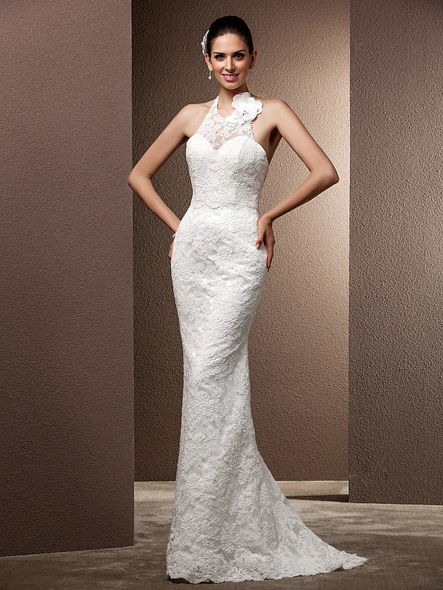 DingjiWedding Dresses Halter Neck Lace Regular Straps Open Back with Beading Flower Button