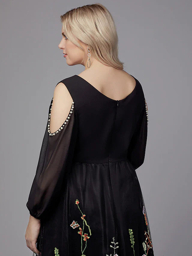 DingjiA-Line Plus Size Holiday Cocktail Party Valentine's Day Dress V Neck 3 Length Sleeve Tea Length Tulle with Beading Appliques