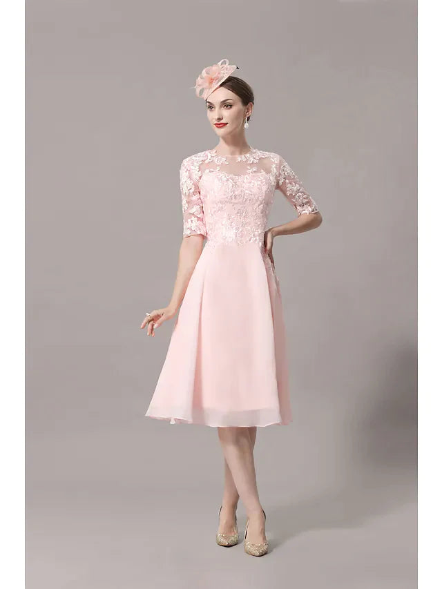 A-Line Mother of the Bride Dress Elegant Illusion Neck Knee Length Lace Satin Half Sleeve with Pleats Appliques