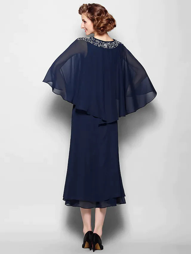 Mother of the Bride Dress V Neck Tea Length Chiffon 3/4 Length Sleeve with Crystals Beading