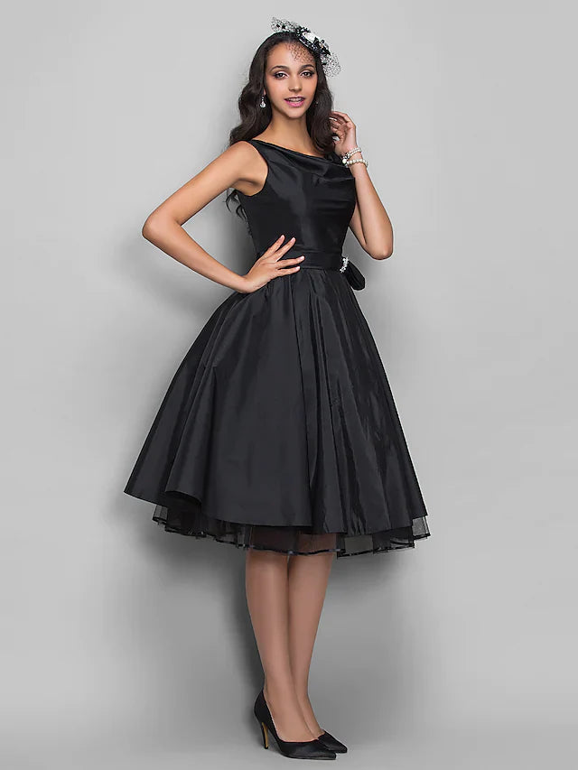 DingjiBall Gown Cocktail Party Prom Dress V Neck Sleeveless Knee Length Taffeta with Pleats Crystals