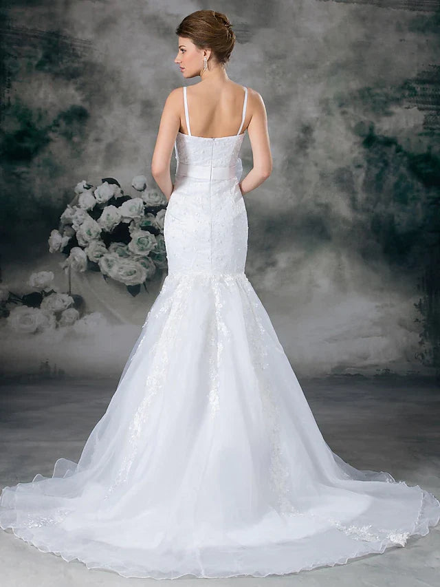 DingjiWedding Dresses Sweetheart Neckline Chapel Train Lace Organza Satin Spaghetti Strap with Sashes Ribbons Bow(s) Beading