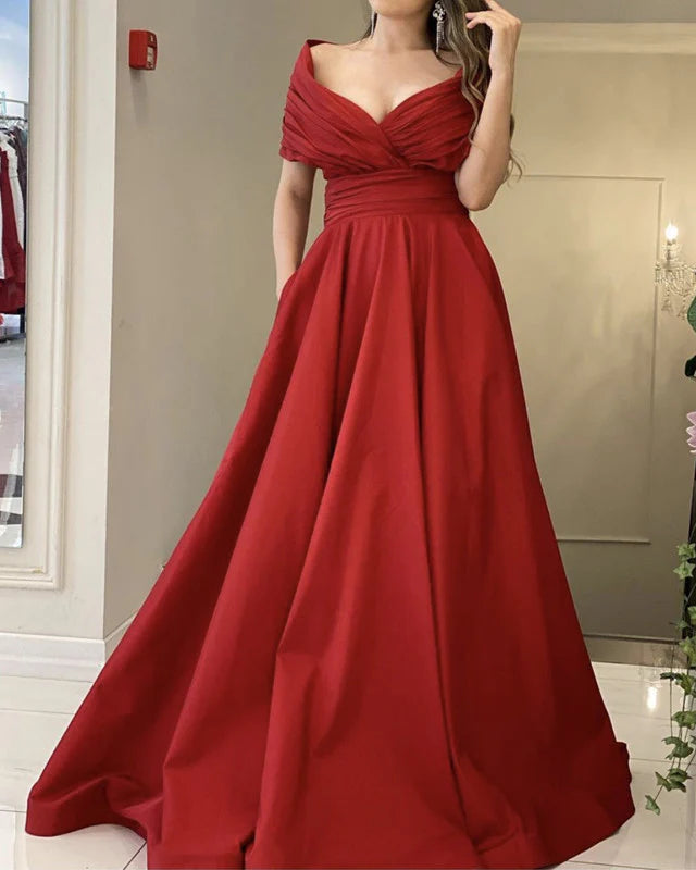 Long Satin Off The Shoulder Evening Dresses