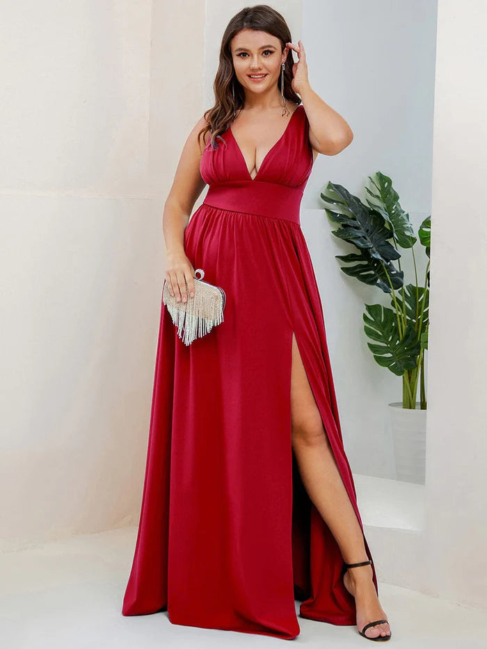 Plus Size Sleeveless V-Neck Empire Waist High Slit Floor-Length Evening Dress