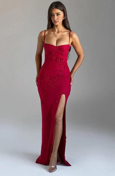 Red Lined Spaghetti Strap's Uniquely Decorated Long Front Slit Formal Prom Dress