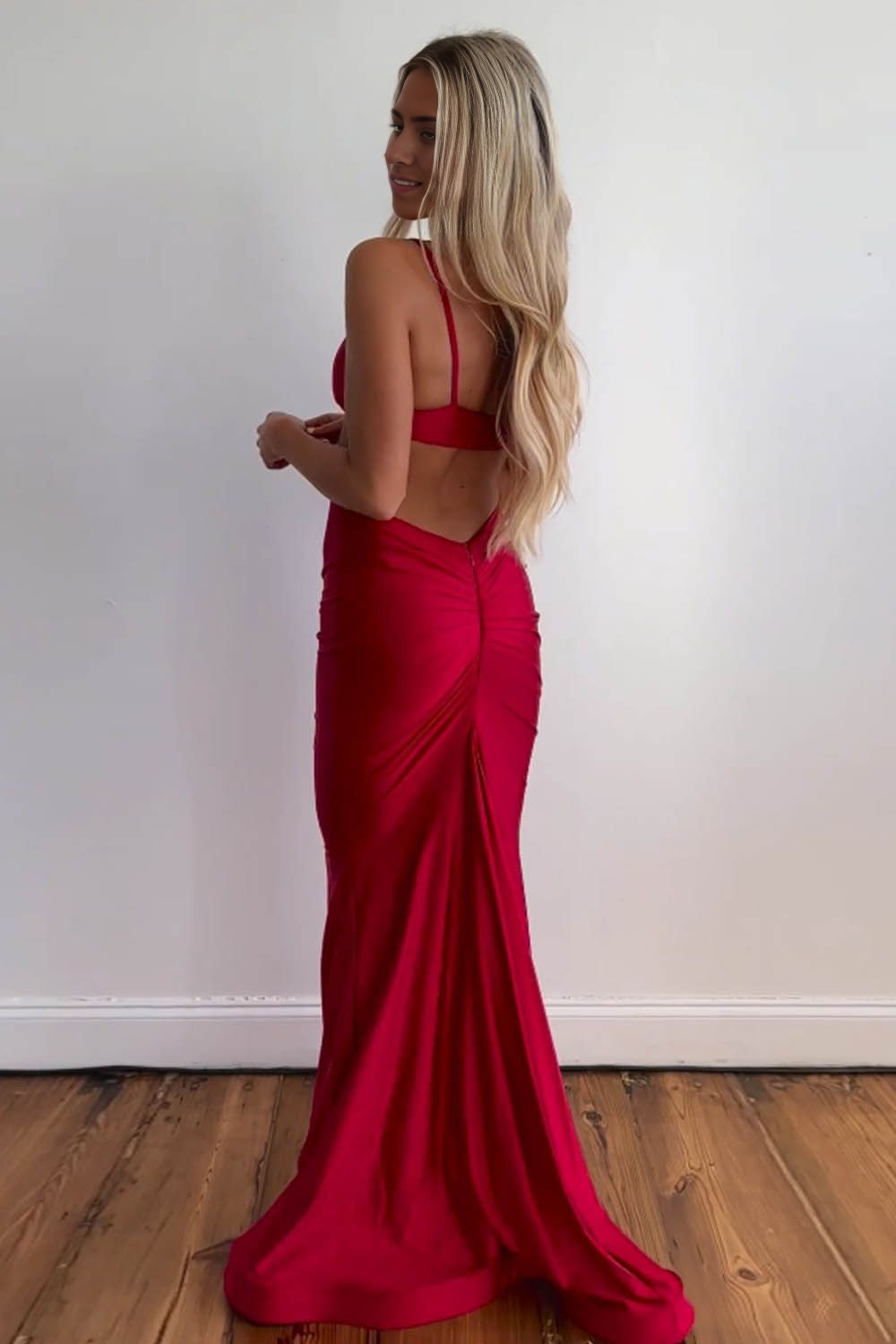 Spaghetti Straps Cutout Waist Long Mermaid Satin Prom Dress