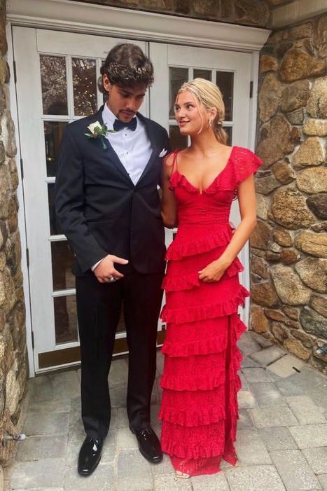 Red Lace Long Prom Dress Tiered Evening Dresses Graduation Gown