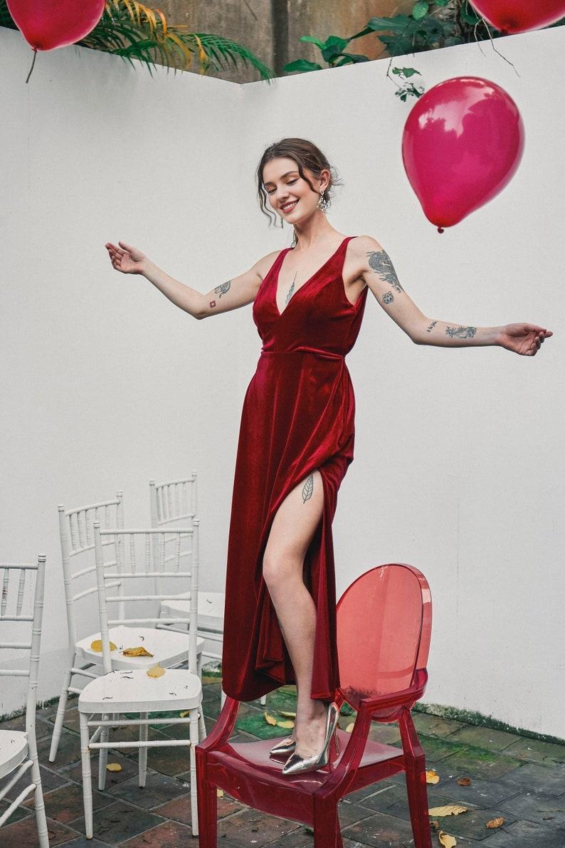 Red Velvet Dress Sleeveles Velvet Dress High Split Dress Velvet Prom Dress Long Dress Velvet