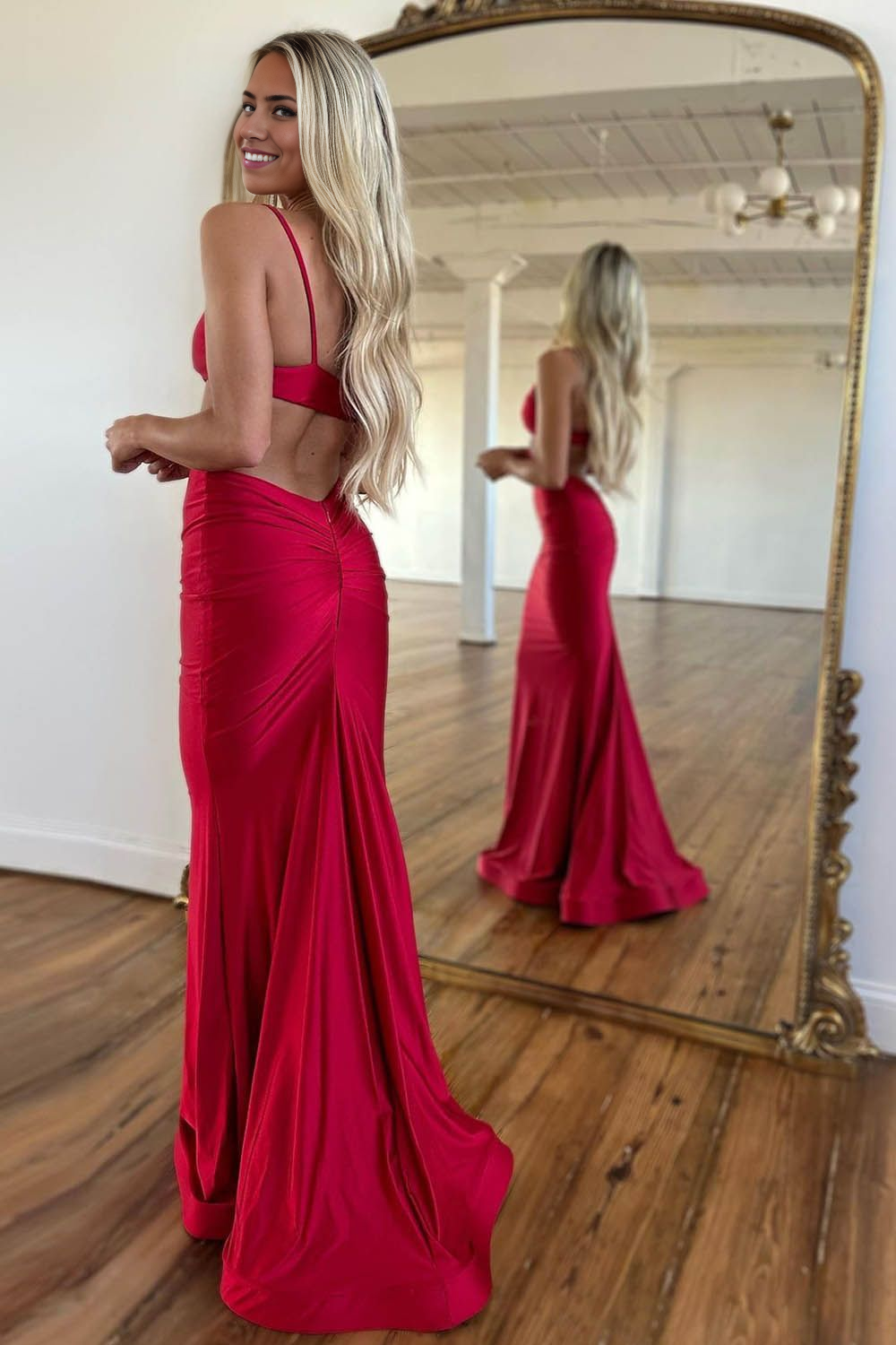 Spaghetti Straps Cutout Waist Long Mermaid Satin Prom Dress