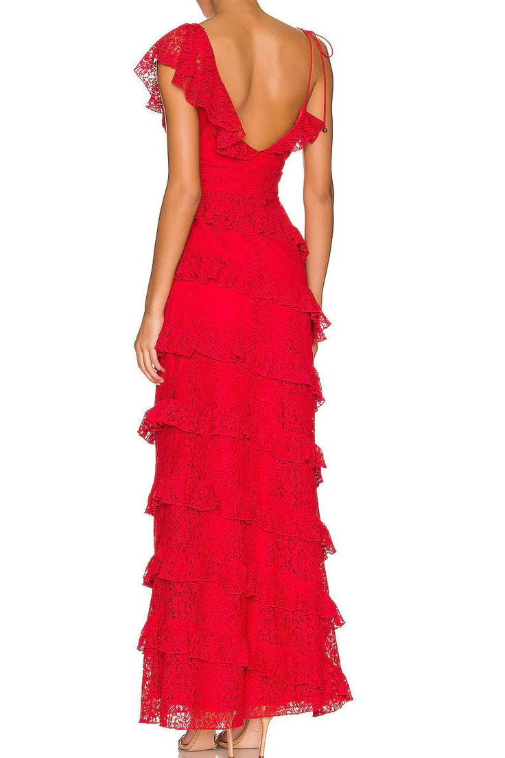Red Lace Long Prom Dress Tiered Evening Dresses Graduation Gown