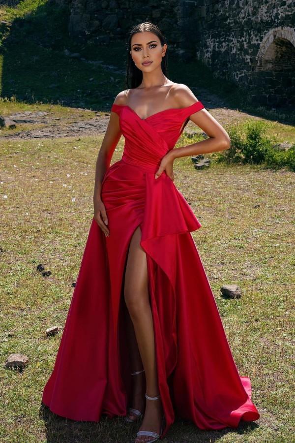 Red Long Off-the-shoulder Sweetheart Floor-length Ruffles Split A-Line Prom Dress