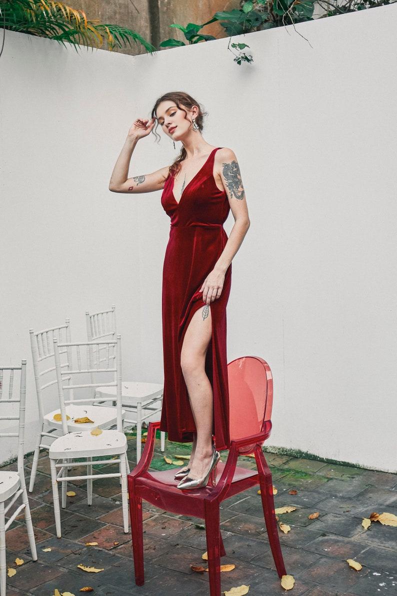 Red Velvet Dress Sleeveles Velvet Dress High Split Dress Velvet Prom Dress Long Dress Velvet