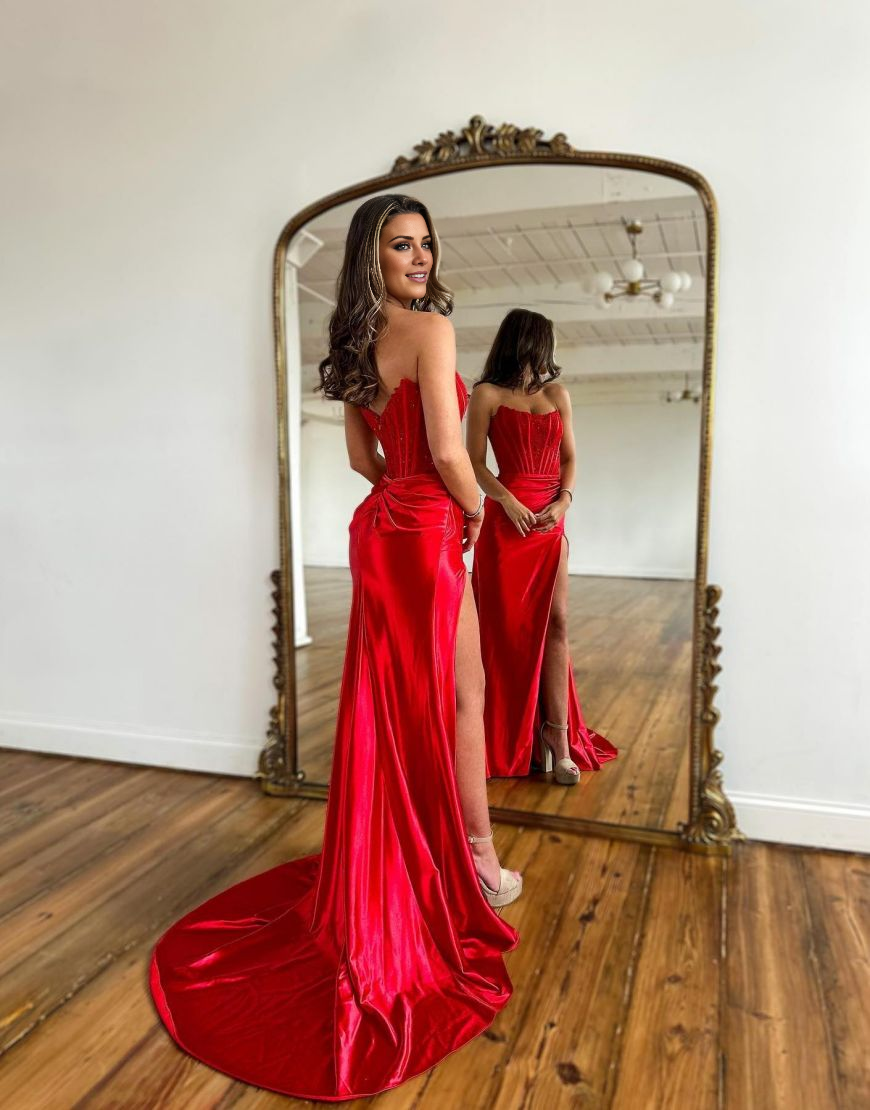 Red Strapless Long Prom Dress With Split