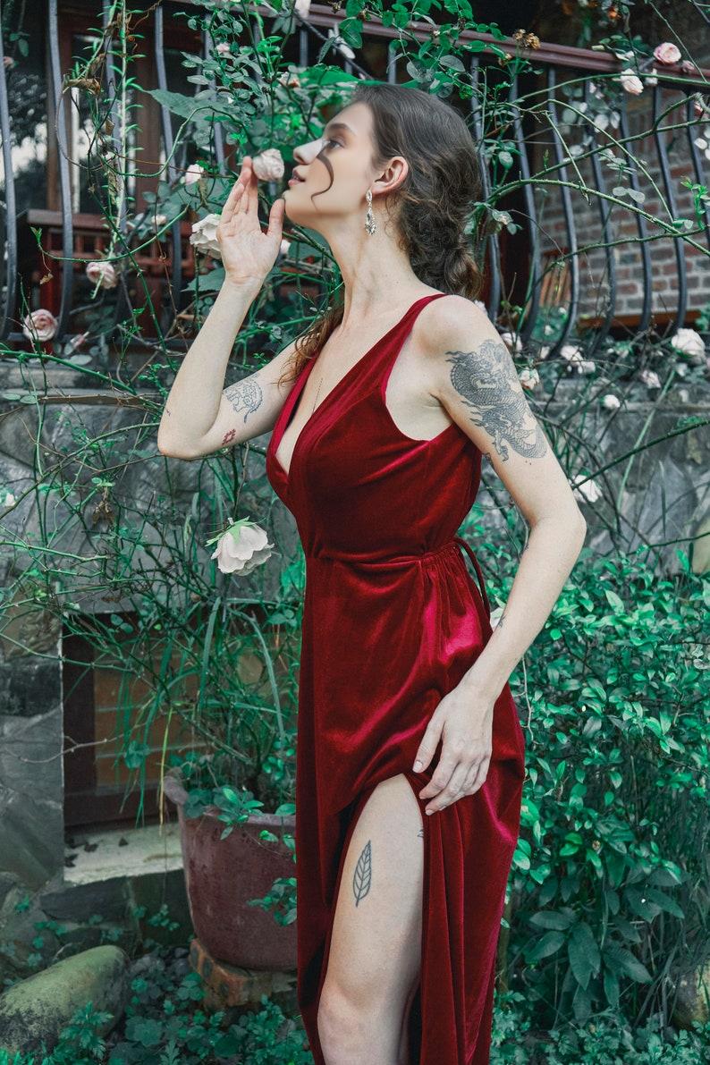 Red Velvet Dress Sleeveles Velvet Dress High Split Dress Velvet Prom Dress Long Dress Velvet