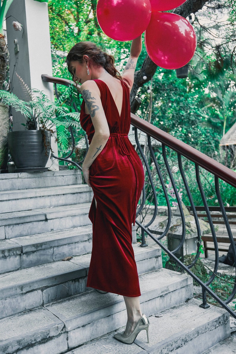 Red Velvet Dress Sleeveles Velvet Dress High Split Dress Velvet Prom Dress Long Dress Velvet