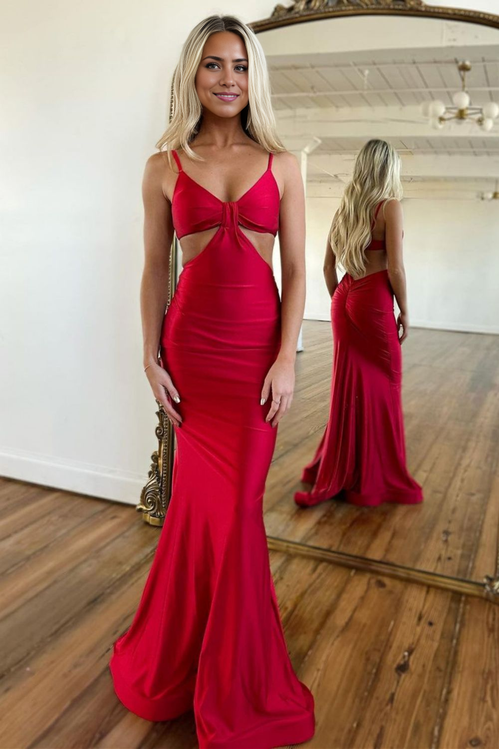 Spaghetti Straps Cutout Waist Long Mermaid Satin Prom Dress