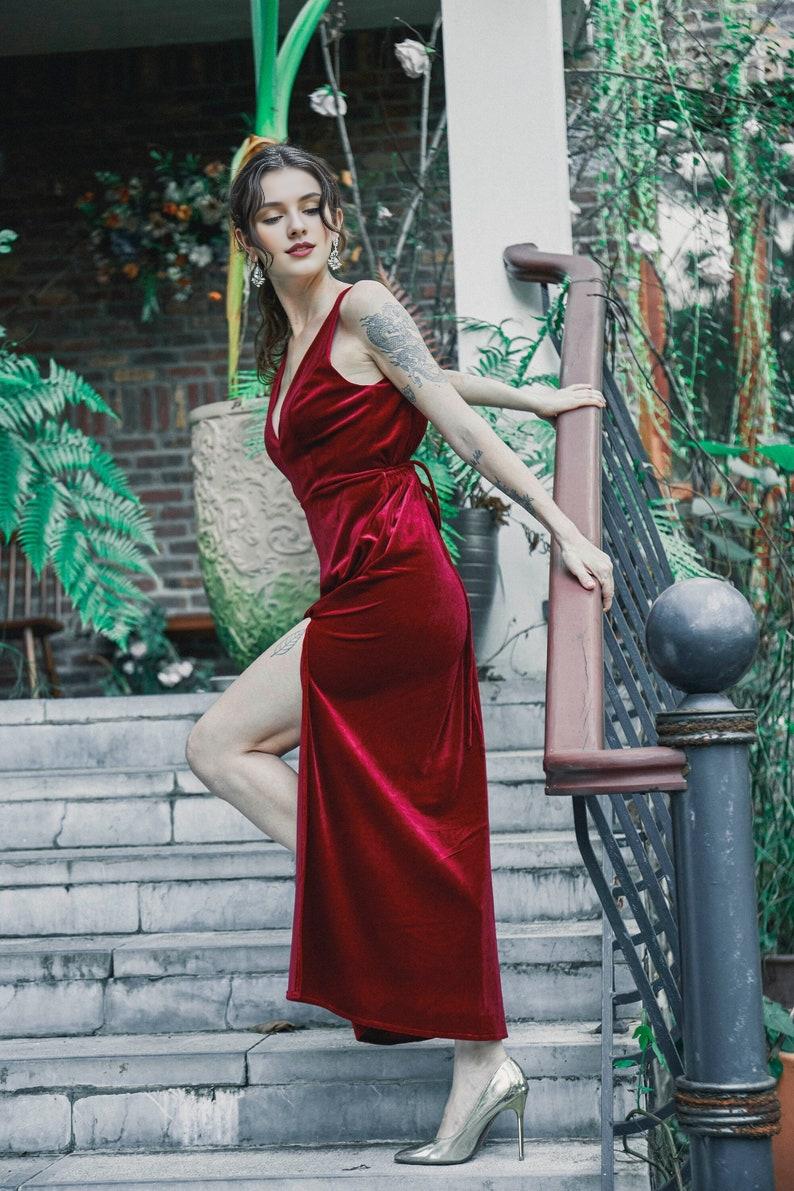 Red Velvet Dress Sleeveles Velvet Dress High Split Dress Velvet Prom Dress Long Dress Velvet