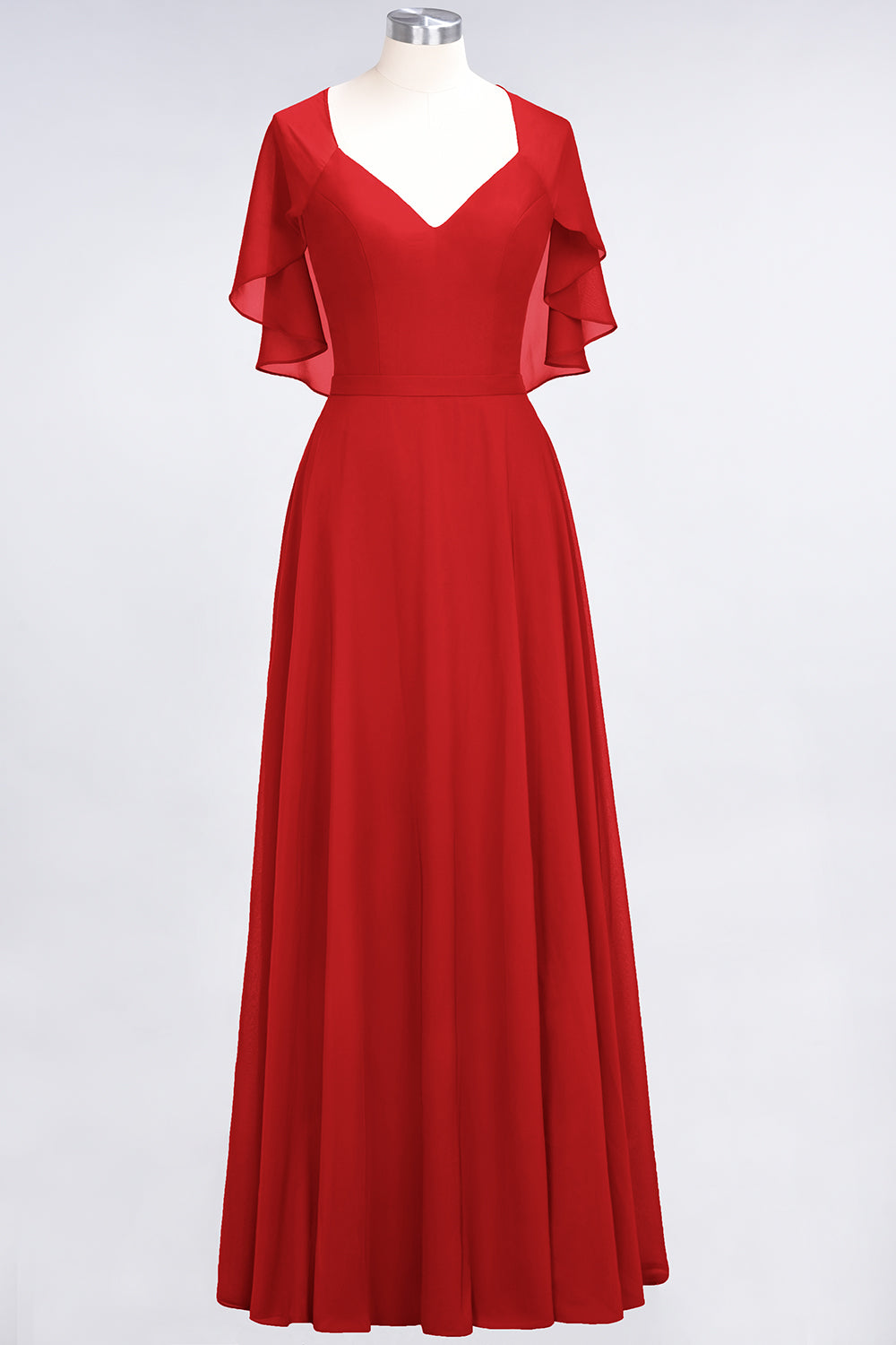 Long A Line V Neck Chiffon Floor-Length Bridesmaid Dress with Sleeves
