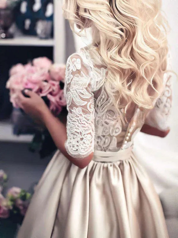 Regal, old-world glamour aesthetic Illusion Lace and Satin Ball Gown Wedding Dress with Half Sleeves