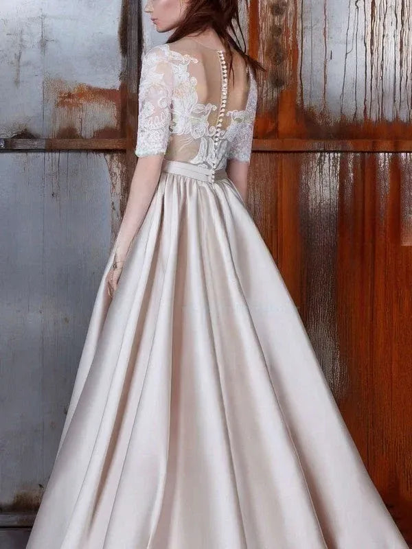 Regal, old-world glamour aesthetic Illusion Lace and Satin Ball Gown Wedding Dress with Half Sleeves
