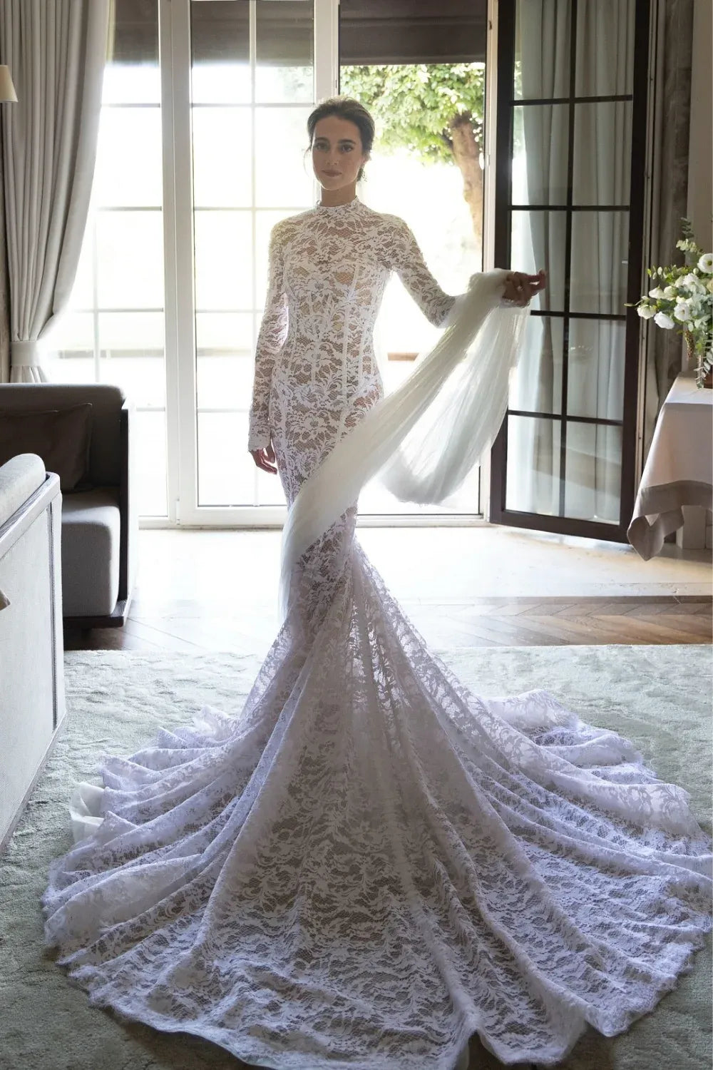 Romantic Chapel Train High Neck Long Sleeve Lace Mermaid Wedding Dress with Keyhole Back