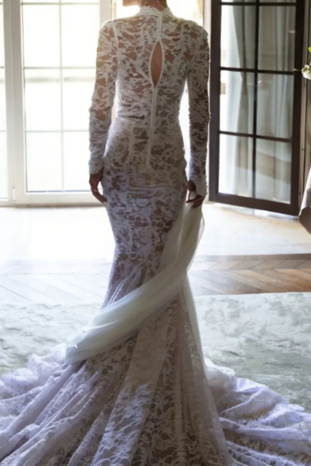 Romantic Chapel Train High Neck Long Sleeve Lace Mermaid Wedding Dress with Keyhole Back
