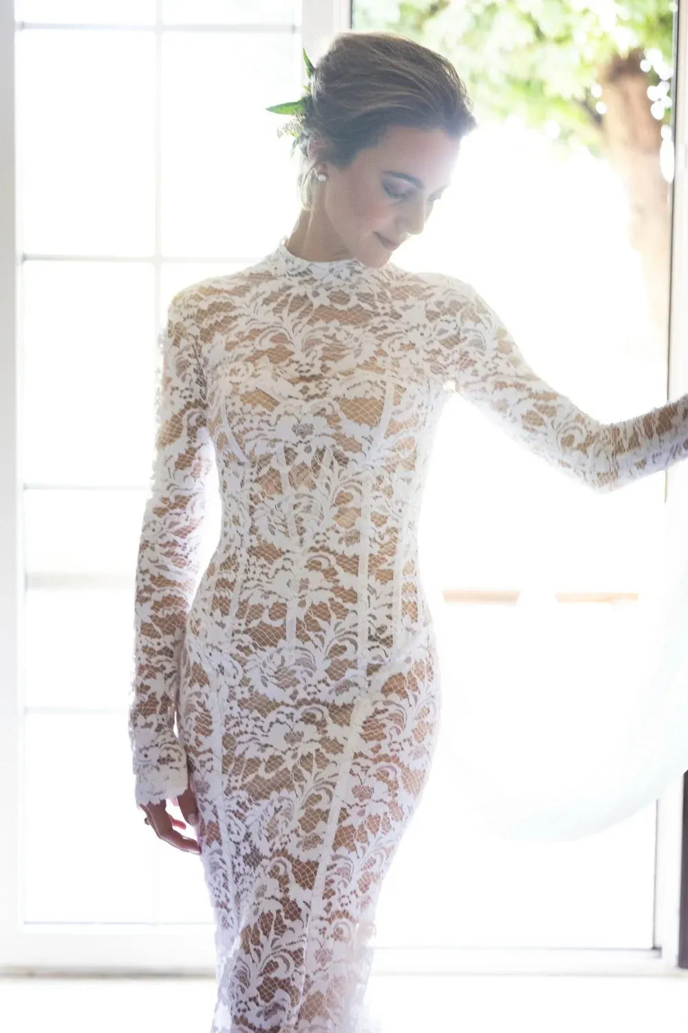 Romantic Chapel Train High Neck Long Sleeve Lace Mermaid Wedding Dress with Keyhole Back