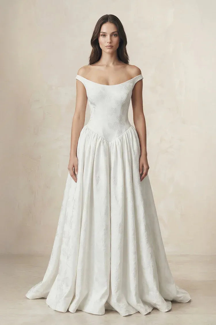Romantic  Classic Design Off-the-Shoulder Jacquard A-Line Wedding Dress with Corset Back