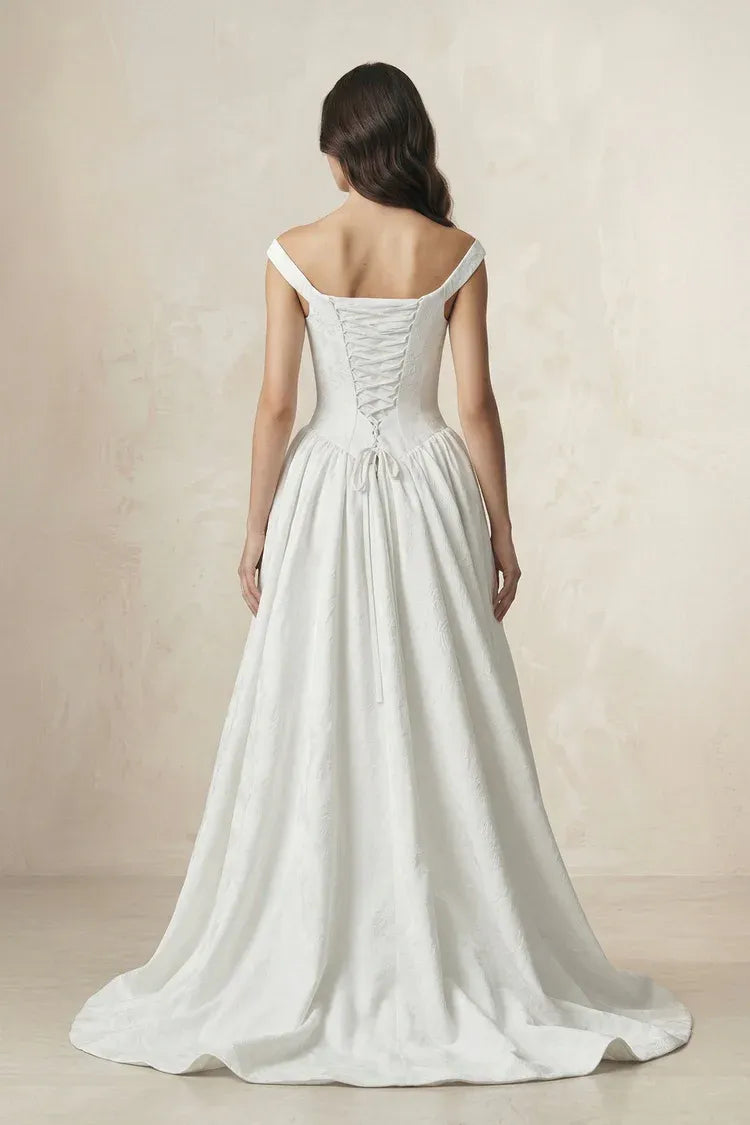 Romantic  Classic Design Off-the-Shoulder Jacquard A-Line Wedding Dress with Corset Back