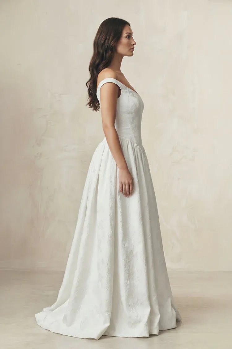 Romantic  Classic Design Off-the-Shoulder Jacquard A-Line Wedding Dress with Corset Back