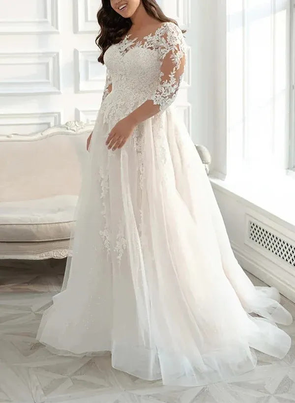 Romantic Classic Plus Size Illusion Neck Lace A-Line Tea-Length Wedding Dress with 3/4 Sleeves